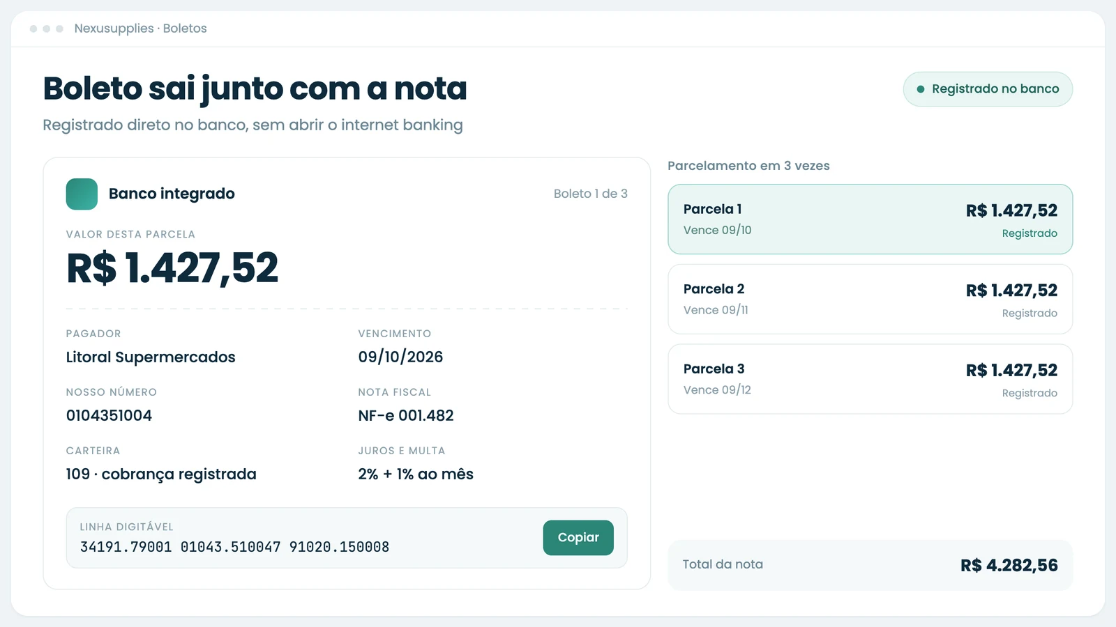 Boleto registrado no banco pelo Nexusupplies
